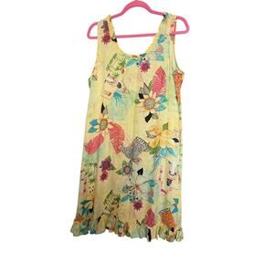 Vintage Mango Bay Tropical Dress M Yellow Floral Beaded Sequins Ruffle Hem